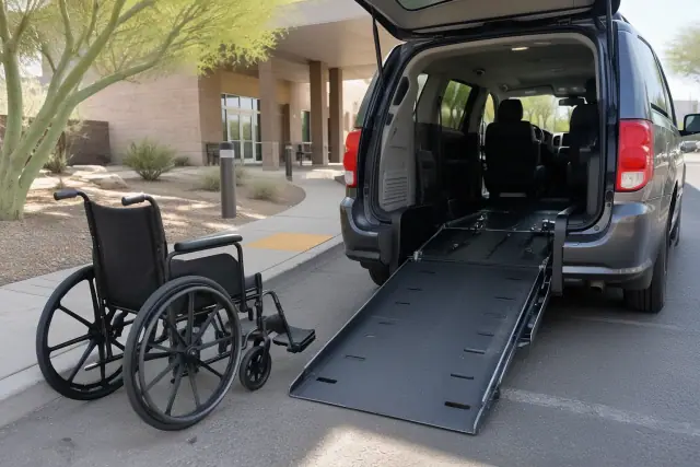 Wheelchair and accessible van ramp deployed at a hospital loading area in Mesa, AZ.