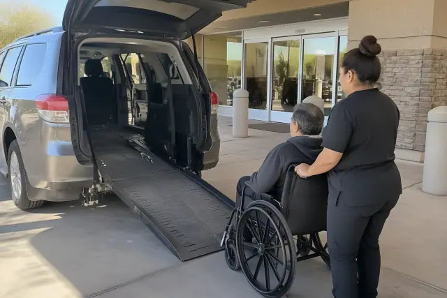 Wheelchair van boarding for a long distance medical trip in Mesa, AZ.