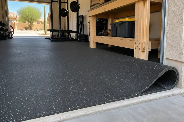 1/2-inch rolled rubber flooring installed in a garage gym in Mesa, AZ.