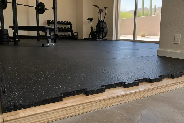 Contractor progress photo of interlocking rubber weight room tiles on a plywood platform in Mesa, AZ.