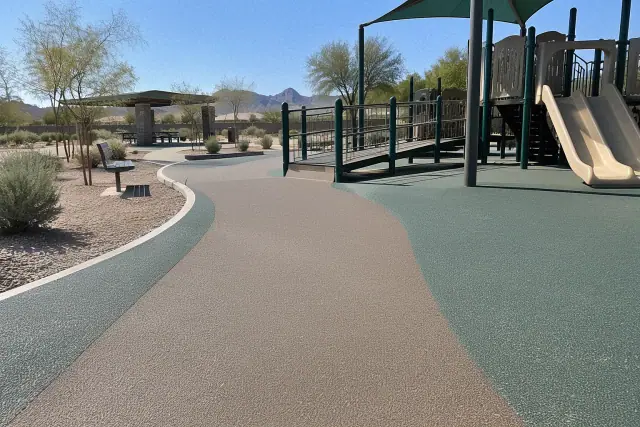 Accessible poured-in-place rubber safety surface playground route in a desert park in Mesa, AZ.