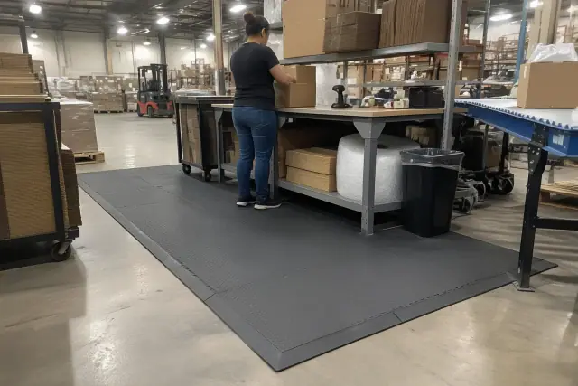 Interlocking heavy-duty industrial rubber flooring installed at a packing station in Mesa, AZ.