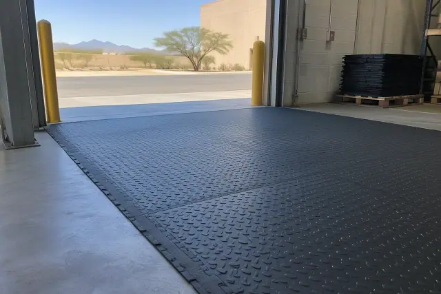 Interlocking anti-fatigue rubber flooring installed on concrete in a Mesa, AZ warehouse loading dock.
