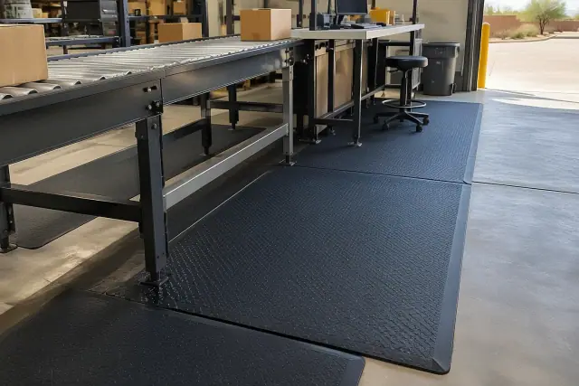 Anti-fatigue rubber flooring installed by a manufacturing workstation in Chandler, AZ.