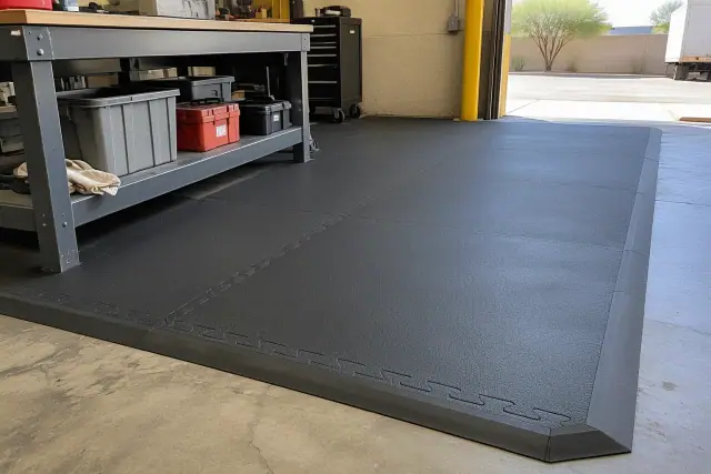 Anti-fatigue rubber flooring installation at an industrial workstation in Mesa, AZ.