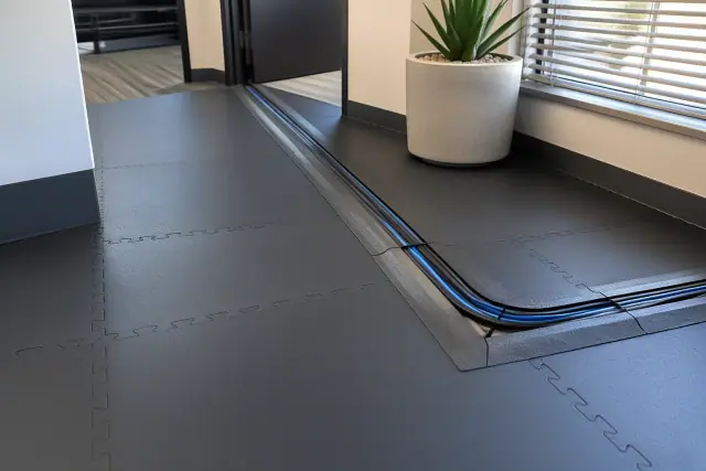 Interlocking anti-static puzzle-edge rubber flooring tiles installed in a Scottsdale, AZ technology office.