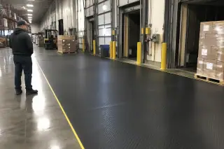 Service professional observing industrial-grade rubber flooring during a final warehouse inspection in Mesa, AZ.