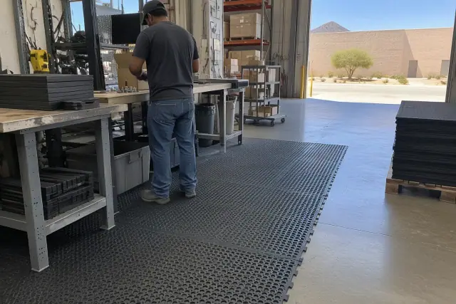 Anti-fatigue rubber flooring mats installed at a manufacturing facility in Mesa, AZ.