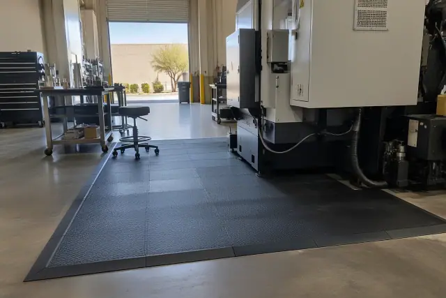 Anti-fatigue rubber flooring with interlocking seams at a manufacturing facility in Mesa, AZ.