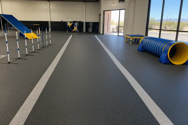 Custom-cut rolled rubber flooring installed in a sports training facility in Mesa, AZ.