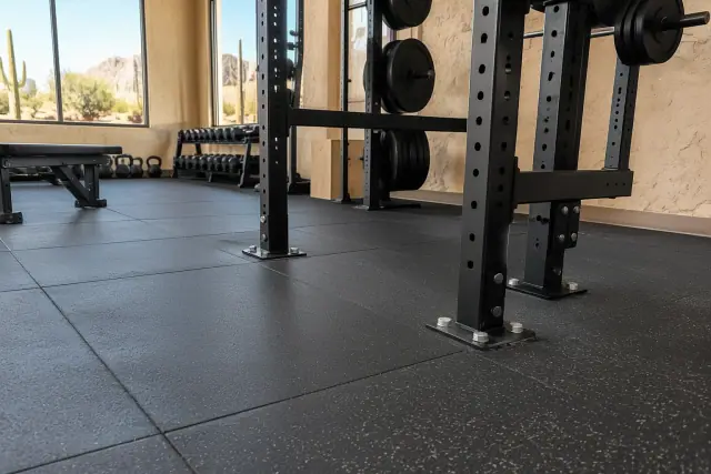 Heavy-duty rubber flooring installed around a weight rack in a fitness facility in Mesa, AZ.