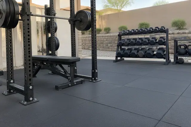 Commercial rubber flooring installed near a retaining wall in Queen Creek, AZ.