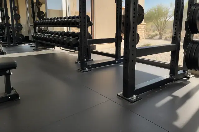 Impact-absorbing rubber flooring installed under heavy barbell racks at a gym in Gilbert, AZ.