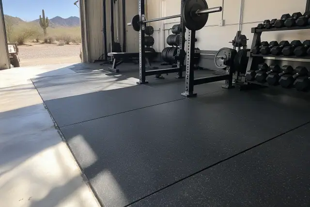 Thick interlocking rubber flooring installed under heavy weights in Apache Junction, AZ.