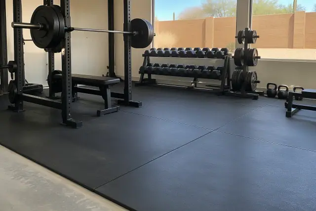 Thick black rubber flooring installed in a gym in San Tan Valley, AZ, showing barbell racks and visible tile seams.