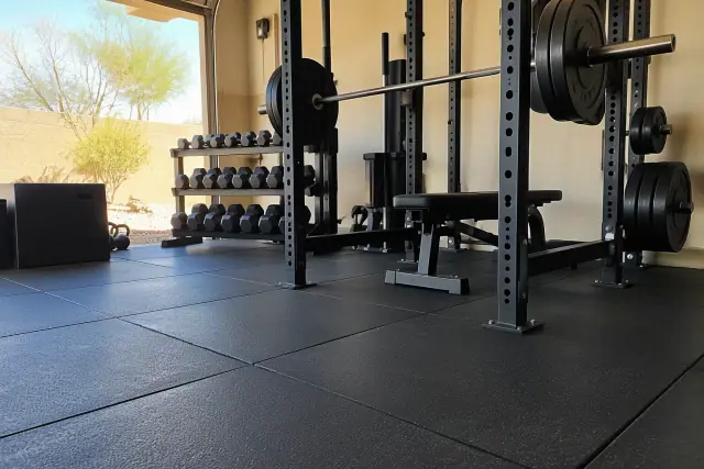 Commercial rubber flooring installed under barbell racks in Phoenix, AZ.