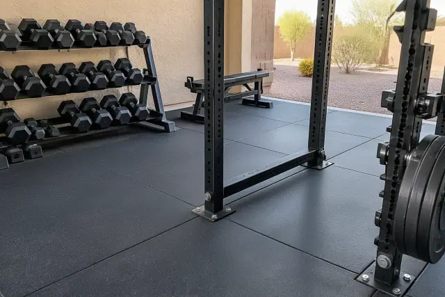 Commercial rubber flooring installed under heavy barbell racks in Mesa, AZ.