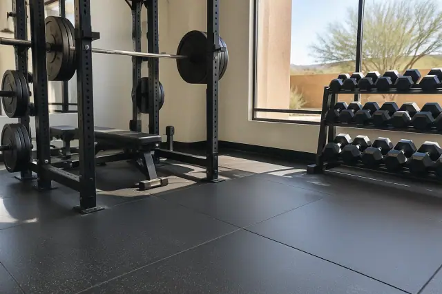 Commercial rubber flooring installed under heavy weight racks in a Tempe, AZ gym.