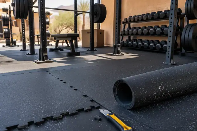 Rubber flooring installation with a utility knife in Mesa, AZ.
