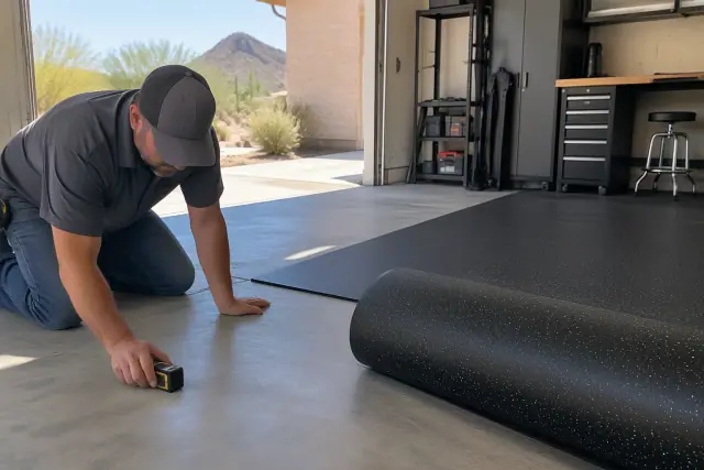 Concrete moisture meter pressed against a garage floor slab during testing in Mesa, AZ.