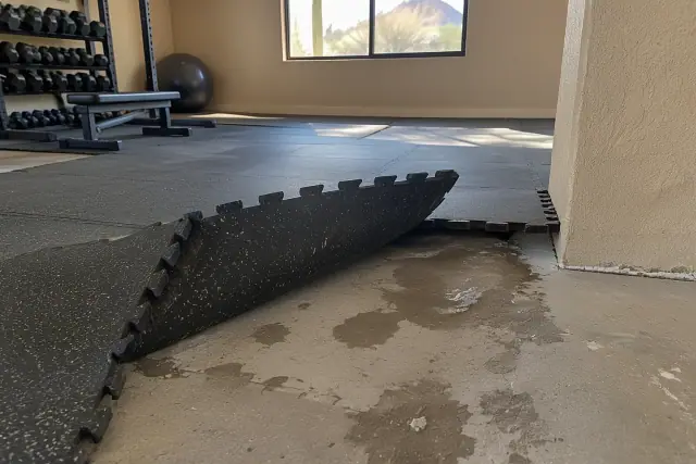 Damp concrete with dark moisture patches revealed beneath lifted rubber flooring in a Mesa, AZ basement.