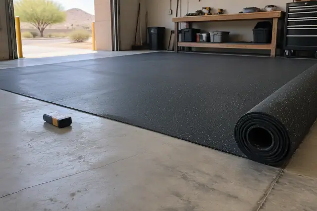 Concrete slab inspection in Mesa, AZ, showing a moisture meter on a bare floor before a rubber overlay.