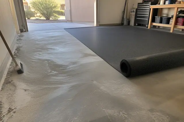 Raw concrete surface grinding dust and swept debris during garage floor prep in Mesa, AZ.