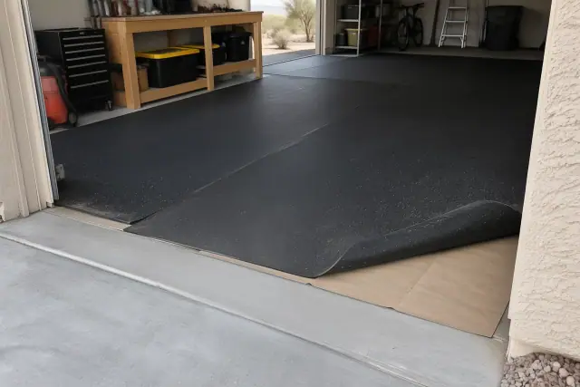 Craft paper beneath a rubber flooring roll on a concrete garage floor in Mesa, AZ.
