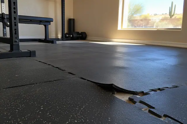 Curled edges and separated seams on rubber tiles in a Mesa, AZ residential basement.
