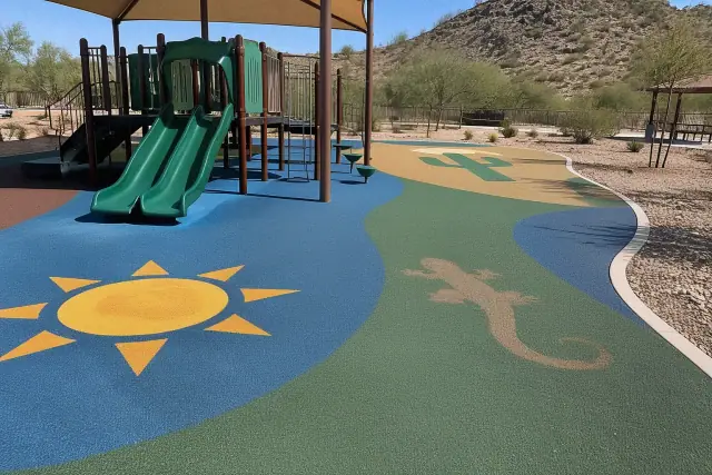 Custom EPDM colors and play graphics on a playground rubber surface in Mesa, AZ.
