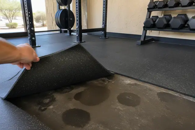 Moisture circles and dark spotting under a lifted rubber gym mat in a Mesa, AZ facility.