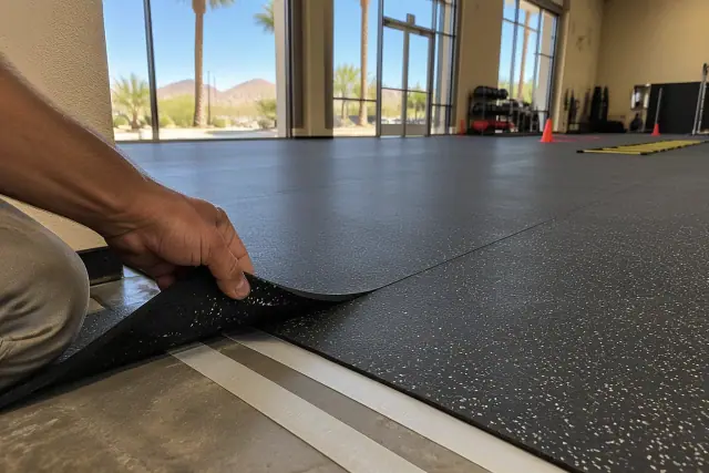 Double-sided tape under a rolled rubber floor seam at a sports facility in Mesa, AZ.