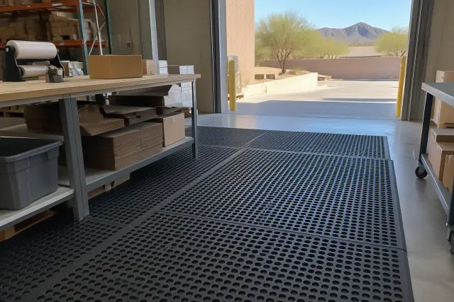 Drainable nitrile rubber matting on a warehouse floor in Mesa, AZ, showing perforated drainage holes.