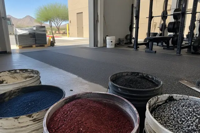Contractor photo of EPDM and SBR rubber flooring repair materials in a Mesa, AZ commercial fitness zone.