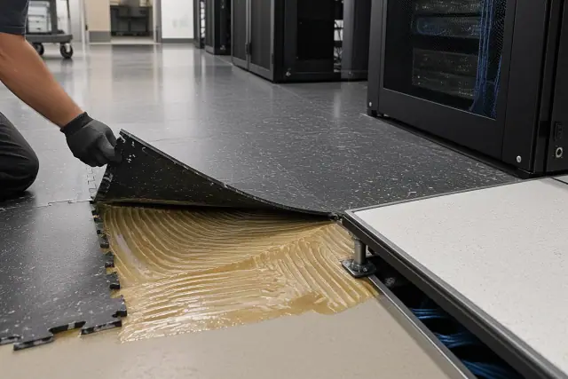 Amber adhesive and trowel ridges under commercial rubber flooring in a Mesa, AZ tech office.