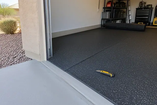 Heavy-duty rubber flooring installation in a residential garage in Mesa, AZ.