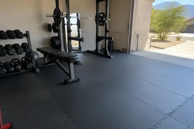 Precision-cut rubber flooring installed in a residential basement home gym in Mesa, AZ.