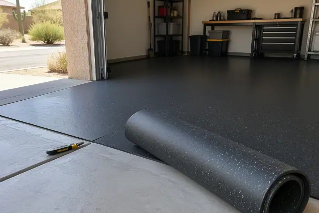 Heavy-duty rubber flooring covering a concrete garage floor and workbench area in Phoenix, AZ.