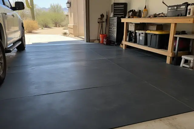 Heavy-duty rubber flooring roll installed on a concrete garage floor in Apache Junction, AZ.