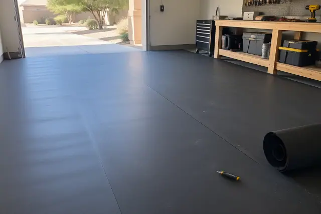 Heavy-duty black rubber flooring rolled out on a concrete garage floor in Queen Creek, AZ.