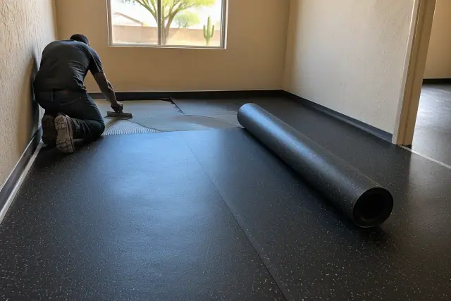 Glue-down rolled rubber anti-fatigue flooring installation in Mesa, AZ, showing visible adhesive seams.