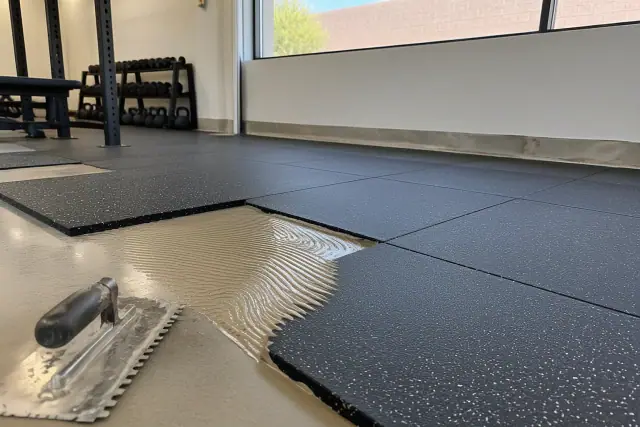 Glue-down rubber tile installation in progress with exposed adhesive and a notched trowel at a commercial gym in Mesa, AZ.