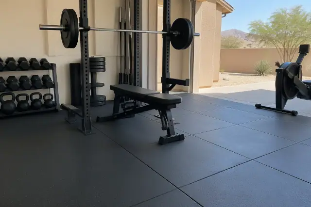 Rubber gym flooring with barbell racks installed outside a home in Mesa, AZ.