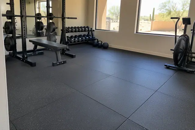 Gym and home gym rubber flooring installation in Mesa, AZ, showing heavy-duty impact tiles.