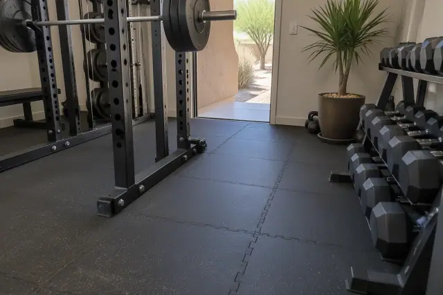 Rubber flooring installed under heavy barbell racks in a Tempe, AZ home gym with a doorway view.
