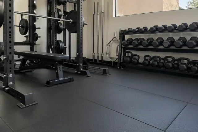Black rubber gym flooring installed under barbell racks in Chandler, AZ.