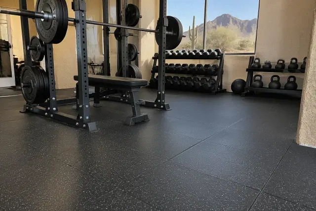 Thick black rubber gym flooring installed under barbell racks in Fountain Hills, AZ.