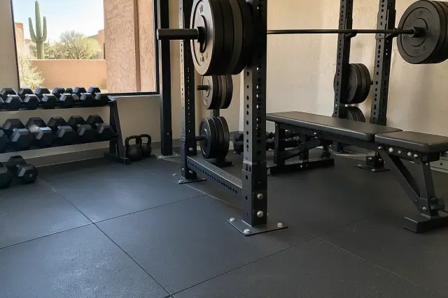 Thick black rubber gym flooring installed under heavy barbell racks in a Scottsdale, AZ home gym.