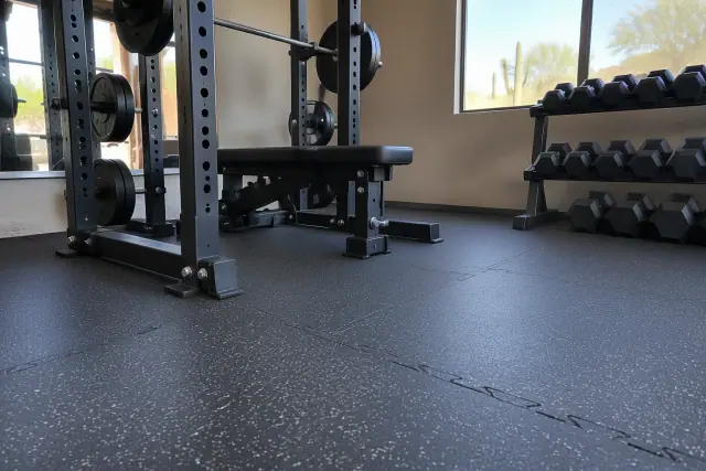 Thick rubber flooring installed under heavy gym equipment in Mesa, AZ.