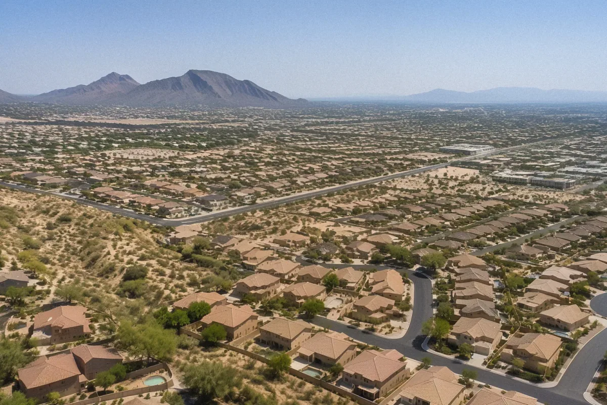Aerial drone view of suburban neighborhoods and desert landscaping in Mesa, AZ.